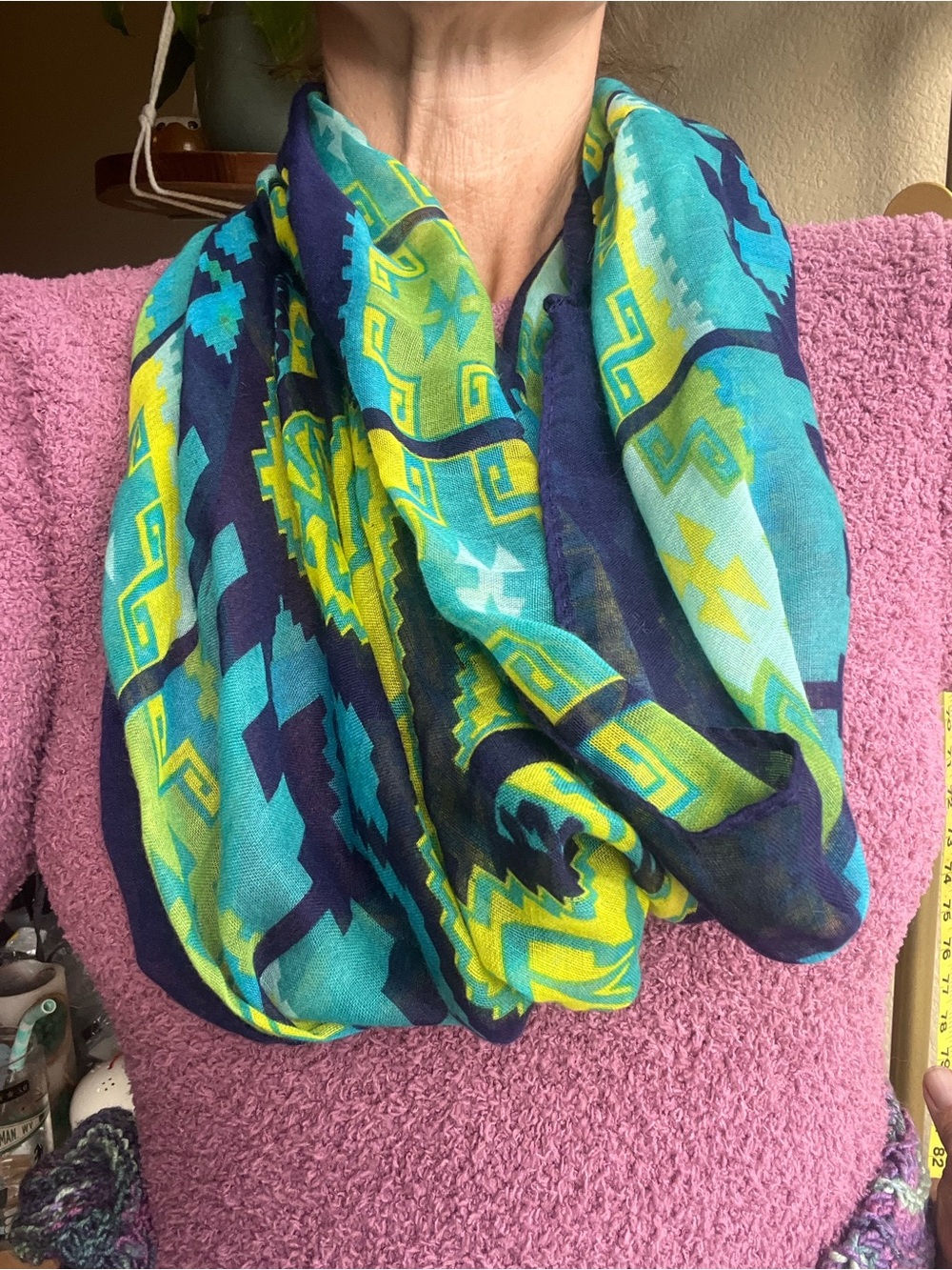 Charming Charlie Teal, Navy & Yellow Aztec Infinity Scarf